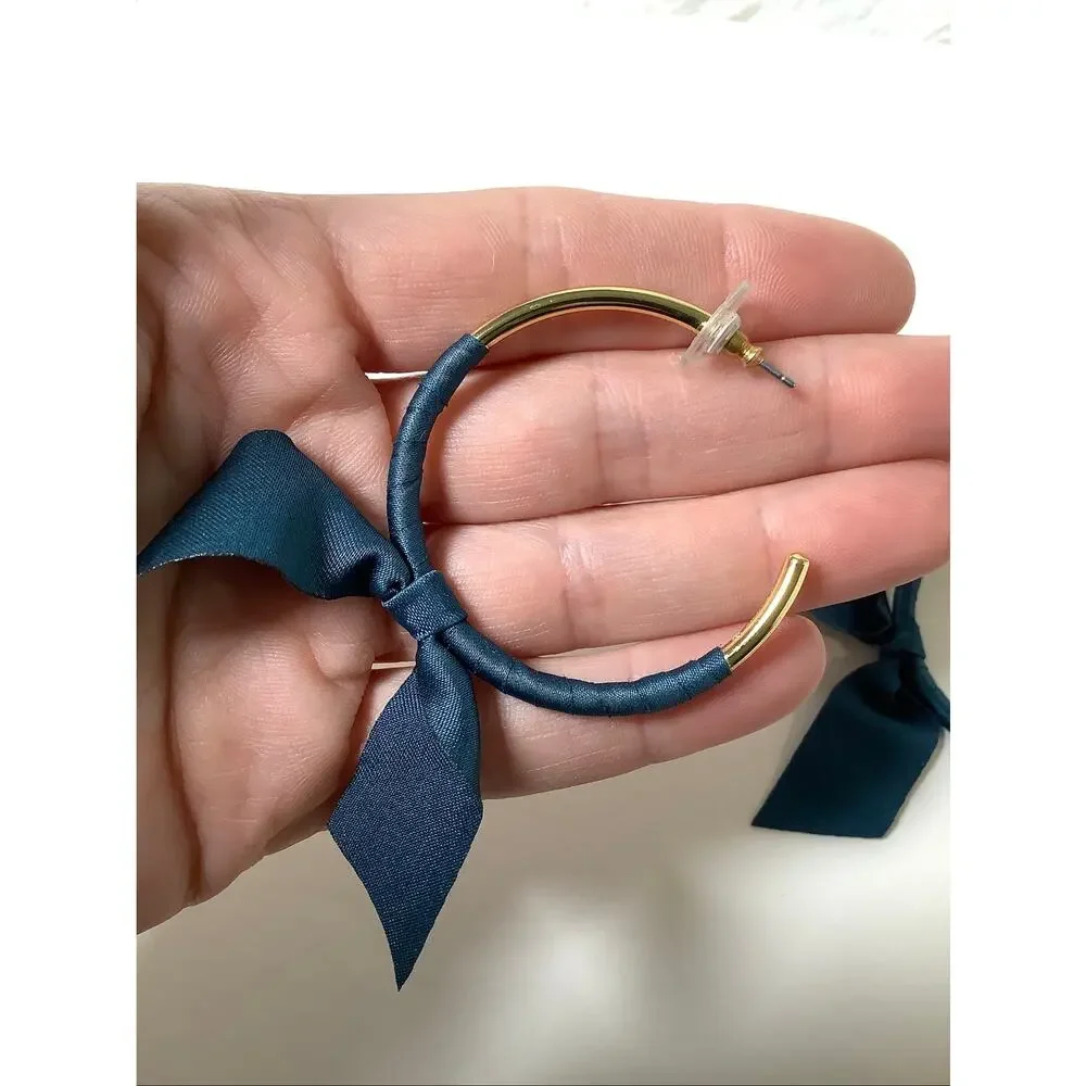 J. Crew Gold Tone Navy Satin Ribbon Wrapped Bow Hoop Earrings Statement E20-16